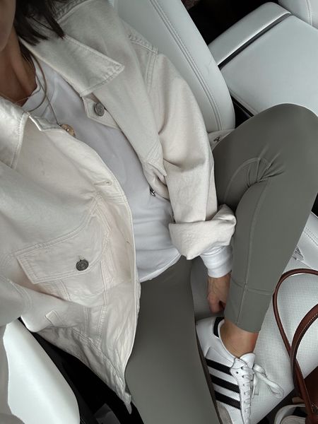 Today’s soccer Saturday and then lunch outfit 
Leggings are so good- short gal friendly and love the drawstring 
Top is super lightweight so great transitional piece- sizes up to a small for a looser fit 
Oversized ivory denim jacket - Xs 

#LTKover40