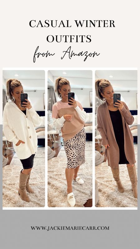 CASUAL WINTER OUTFIT IDEAS ✨ Comment LINK to these super comfy winter outfits from Amazon! Casual, put together looks are my favorite every day go-to style to help me be more productive through the day.

The cream sweater is oversized, but still got my normal size medium (could definitely size down if you don’t like it as loose). 

The pink color-block sweater is my new favorite! It’s super great quality. 

The mauve cardigan (khaki is the actual color name) is perfect👌

👉Feel free to shop in the LTK app by searching @jackiemariecarr_ or simply request the links here and I’ll send them to you in your inbox❤️
.
.
.
@amazonfashion @amazoninfluencerprogram @shop.ltk 
#winteroutfitideas 
#everydaystyle 
#casualmomstyle 
#Amazonsweaters
#styleover30 
#modestoutfits 
#modestoutfitideas 
#modestfashion 
#amazonfashion 
#amazonfashionfinds 
#femininestyle 
#affordablestyle 
#looksforless 
#amazonstyle 
#momfashionblogger 
#skirtstyle 
#wintersweaters

#LTKstyletip #LTKfindsunder50 #LTKworkwear