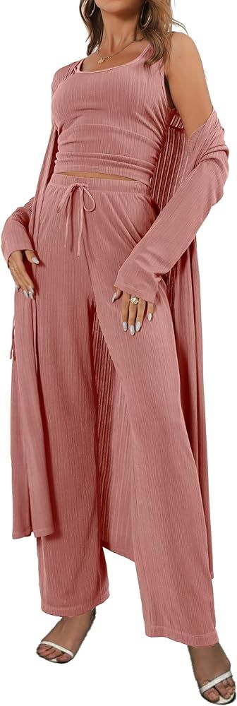 Women's 3 Piece Lounge Set Open Front Cardigan Pajamas Set | Amazon (US)