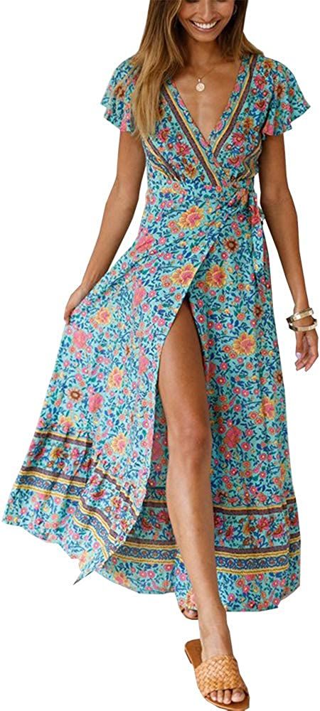 PRETTYGARDEN Women's Summer V Neck Wrap Vintage Floral Print Split Belted Flowy Boho Beach Long D... | Amazon (US)