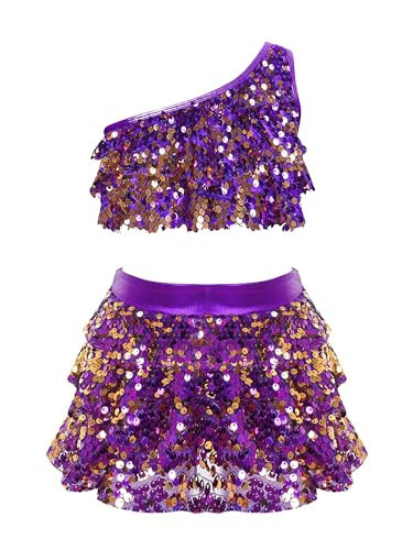 Miutii Kids Girls 2 Piece Dance Outfits Set Sequins One Shoulder Crop Top with Skirt Jazz Latin Ballroom Costume Purple 10 Years | Amazon (US)