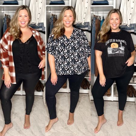 3 plus size Spanx leggings I love that are on major sale right now from 7/17-7/21! Look 1 (left) - wearing a 2X in the faux leather leggings. They run true to size! Flannel is Abercrombie! Look 2 (middle) - wearing navy faux suede leggings in a 2X - these run slightly small, so if you're unsure size up! Top is Daily Thread! Look 3 (right) - wearing BootyBoost 7/8 leggings in a 2X - they fit true to size. Top is maurices! 

#LTKsalealert #LTKSeasonal #LTKcurves