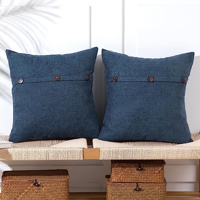 Anickal Gray Blue Pillow Covers 18x18 Inch with Triple Buttons Set of 2 Chenille Rustic Farmhouse... | Amazon (US)