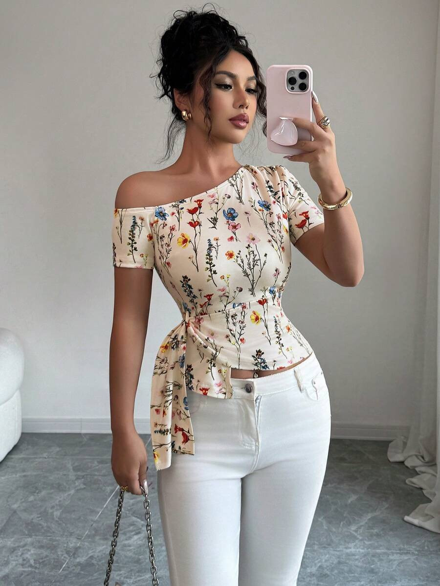 Elenzga Women's Elegant Floral Print One-Shoulder Tight Body Irregular Hem T-Shirt, Spring/Summer | SHEIN
