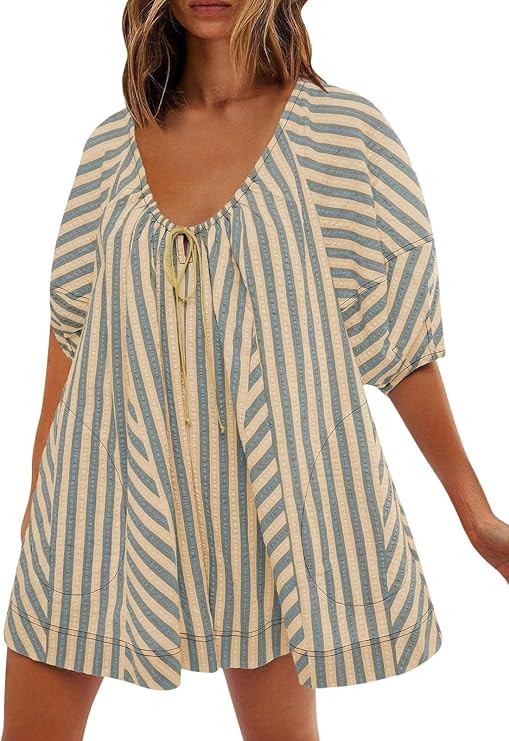 ebossy Womens Summer Casual Striped Rompers Puff Sleeve Wide Leg Shorts Jumpsuit Loose Fit Vacati... | Amazon (US)