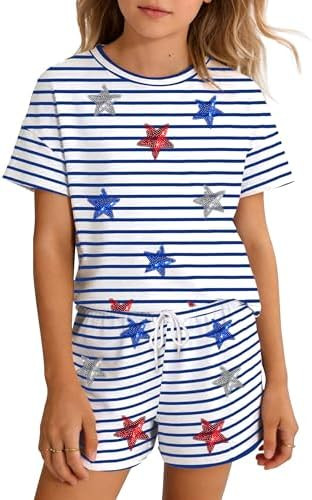 Kids 4th of July Outfit 2 Piece Set for Girls Boys American Flag Shirt and Shorts Patriotic USA 2... | Amazon (US)