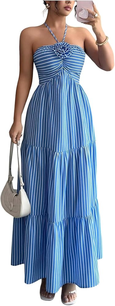 GORGLITTER Women's Halter Striped Dress Floral Tie Backless Sleeveless Ruffle Swing A Line Maxi D... | Amazon (US)