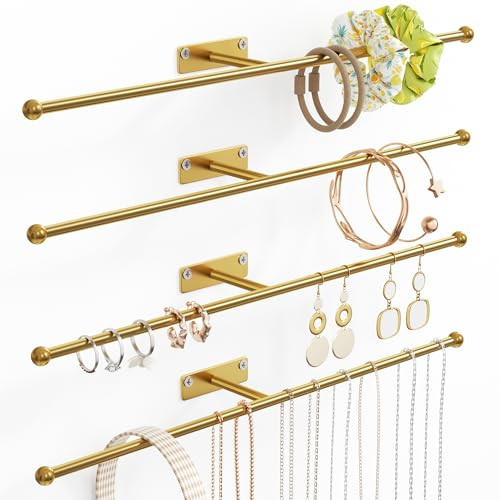 Josmimic Wall Hanging Jewelry Organizer: 12.6'' Necklace Holder for Earring, Bracelet, Rings, Hairband, Glasses, Gold 4-Pack, Screws Included | Amazon (US)