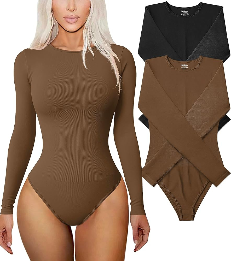 TOB Women's 2 Piece Bodysuits Sexy Ribbed One Piece Long Sleeve Round Neck Tops Bodysuits | Amazon (US)