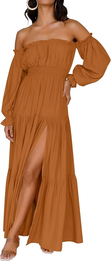 ZESICA Women's 2023 Boho Sexy Off Shoulder Long Sleeve Smocked High Waist Side Split Flowy A Line... | Amazon (US)