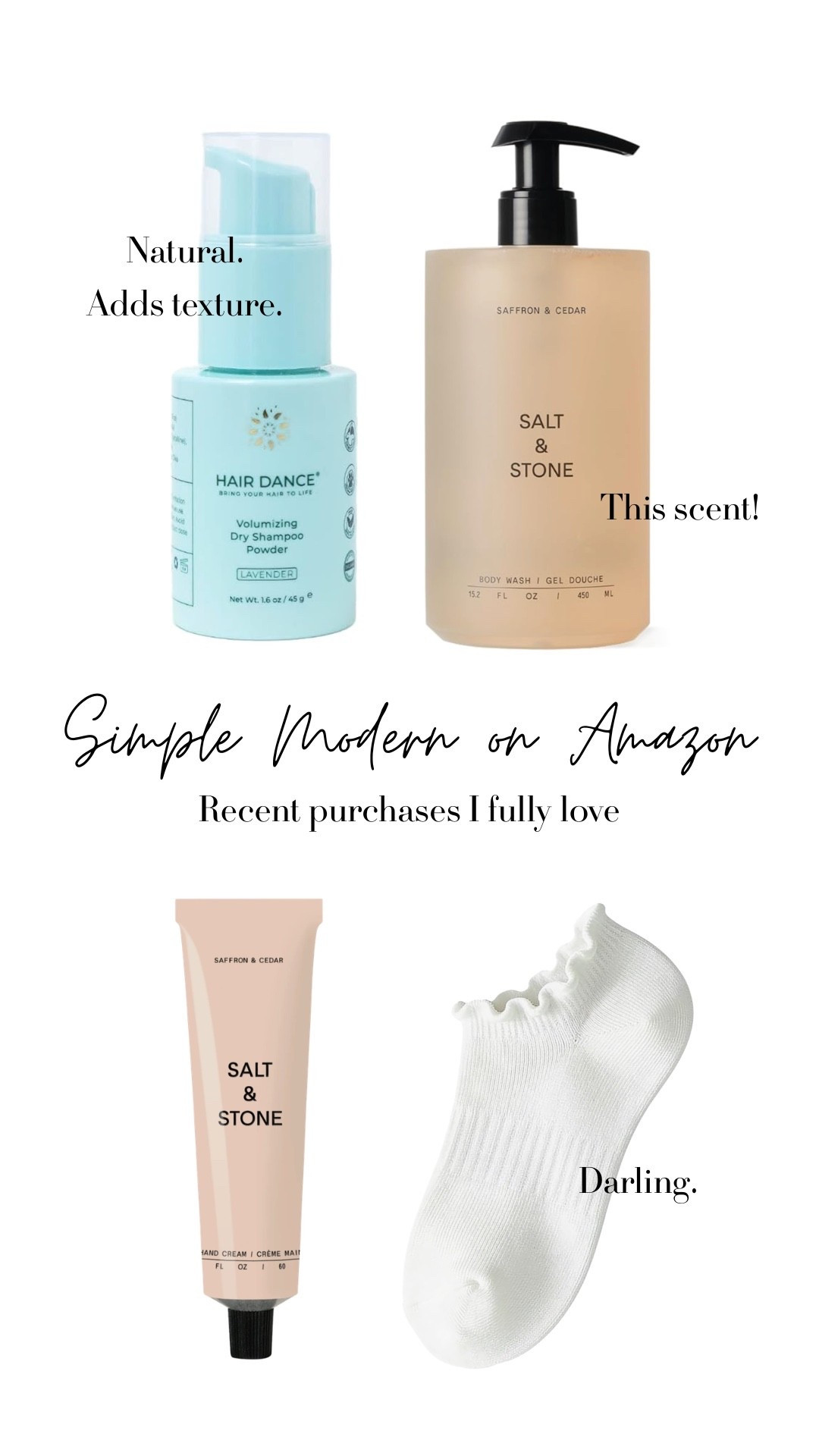 💯 love these items.

Non-aerosol dry shampoo that smells like heaven and no chemicals. 

Darling sport socks.

This salt + stone scent is AMAZING (and clean). 

Non-toxic home, better choices.

#LTKmomlife #LTKBeauty