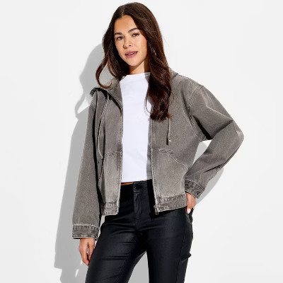Women's Hooded Zip-Up Denim Jacket - Wild Fable™ Gray Wash L | Target
