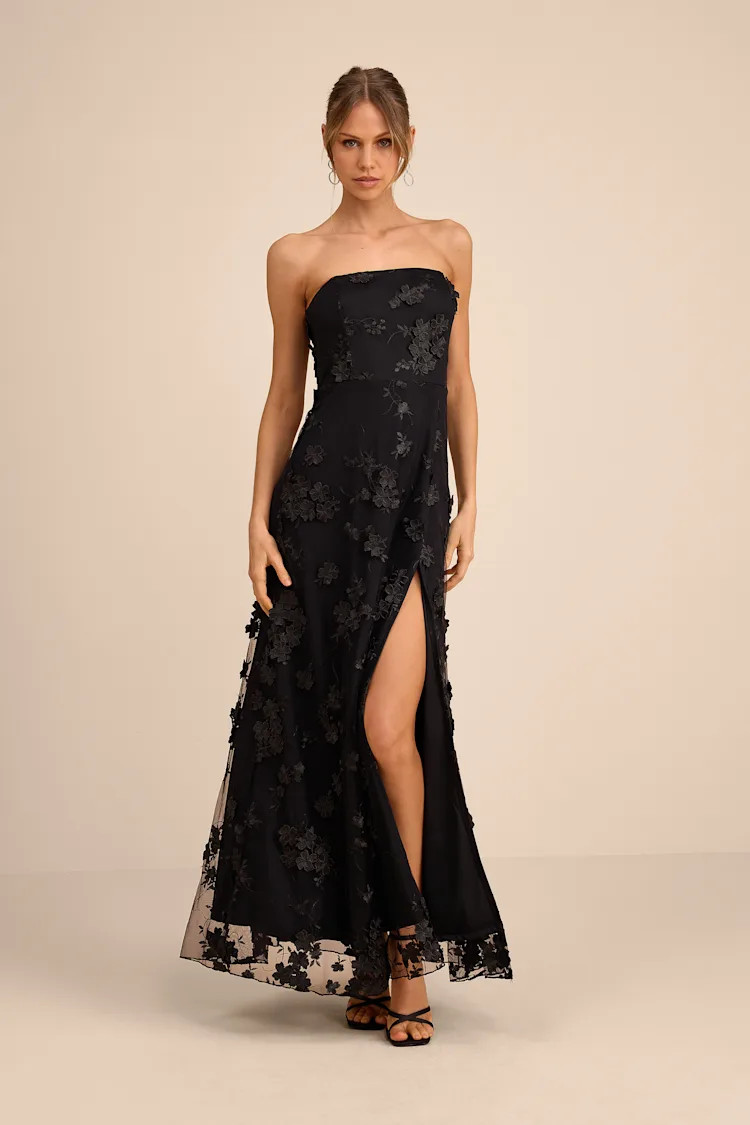 Rare Presence Black 3D Floral Embroidered Maxi Dress | Lulus