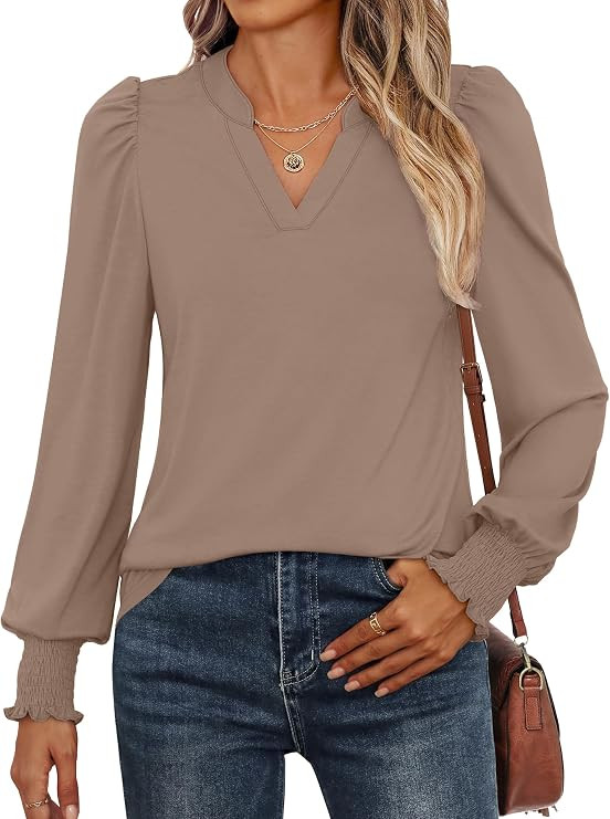 ANRABESS Women's Puff Long Sleeve Shirts V Neck Loose T-Shirts Dressy Casual Work Blouses 2026 Fa... | Amazon (US)