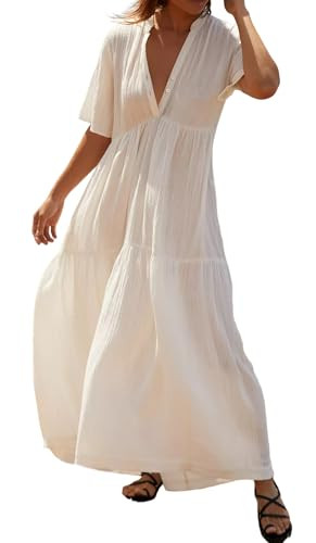 R.Vivimos Womens Summer Cotton Flowy Maxi Dress Short Sleeve V Neck Empire Waist Boho Tiered Ruff... | Amazon (US)