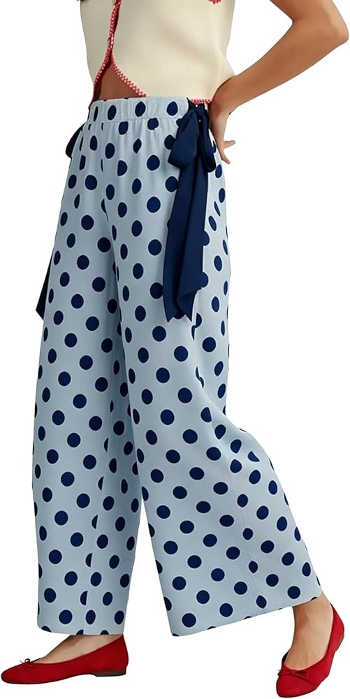 Gozoloma Women's Polka Dot Wide Leg Pants Elastic Waist Side Tie Contrast Detail with Pockets Cas... | Amazon (US)