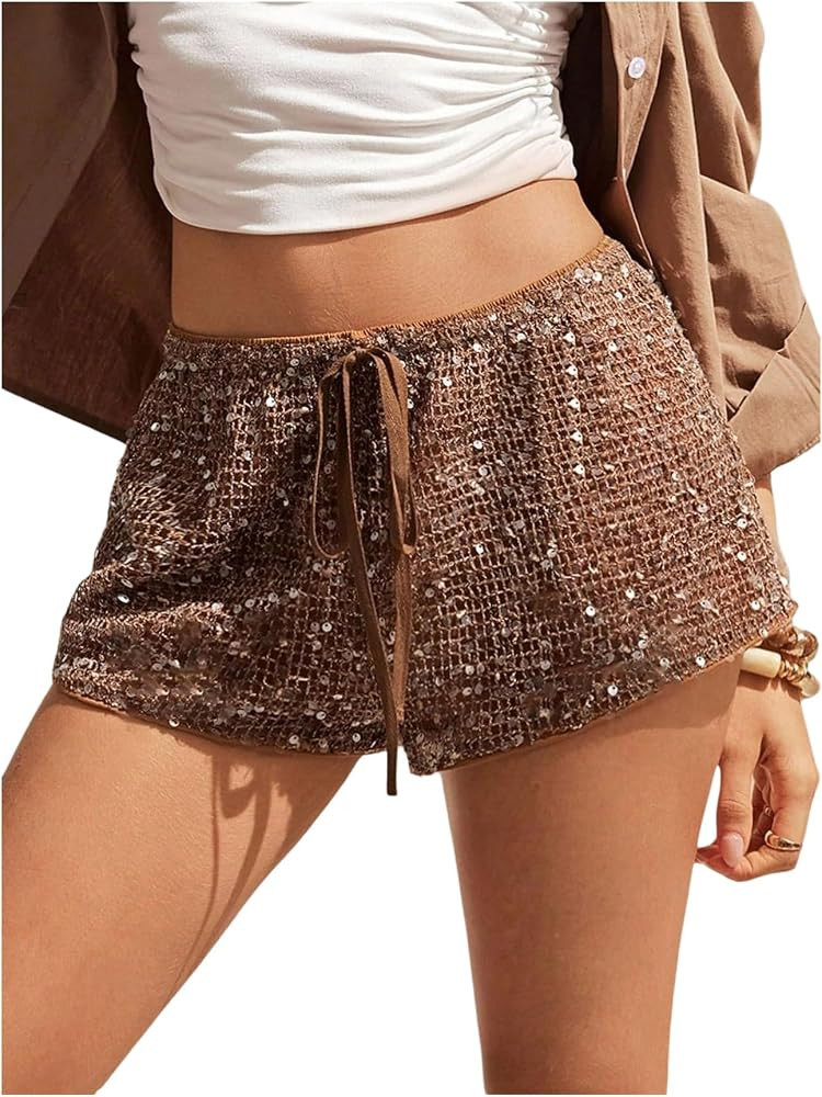 MakeMeChic Women's Sparkly Sequin Micro Mini Shorts Summer Low Waisted Wide Leg Boho Party Shorts | Amazon (US)