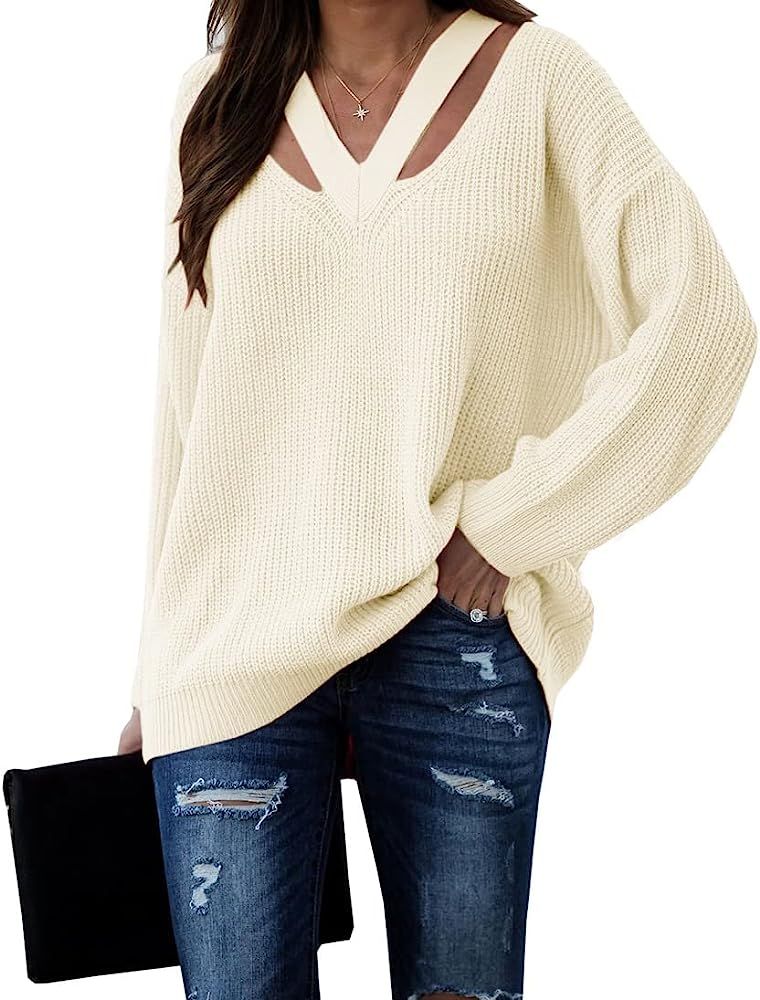 Cicy Bell Women's V Neck Sweaters Hollow Out Long Sleeve Casual Knit Pullover Jumper Tops | Amazon (US)