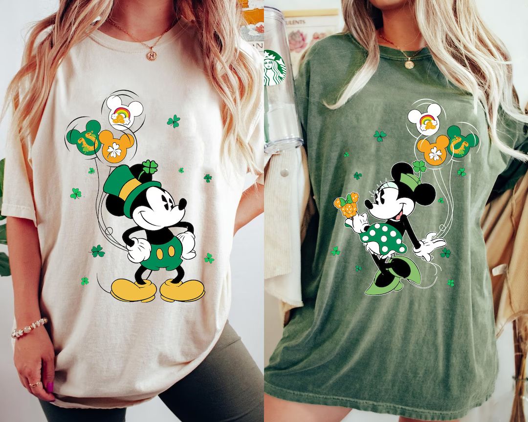 Mickey Minnie Mouse St Patrick's Day Couple Comfort Colors Shirt, Disney Balloon Lucky Shamrock T... | Etsy (US)