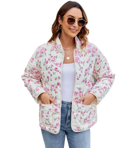 Yozazzy Women's Cropped Floral Quilted Jacket Lightweight Open Front Padded Puffer Coat(Rose-S) | Amazon (US)