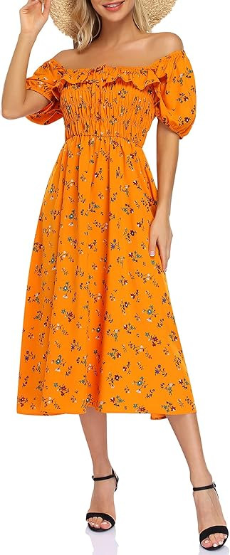 GloryStar Womens Floral Print Off Shoulder Dress Ruffle Puff Sleeve Square Neck Lace Up Vintage C... | Amazon (US)