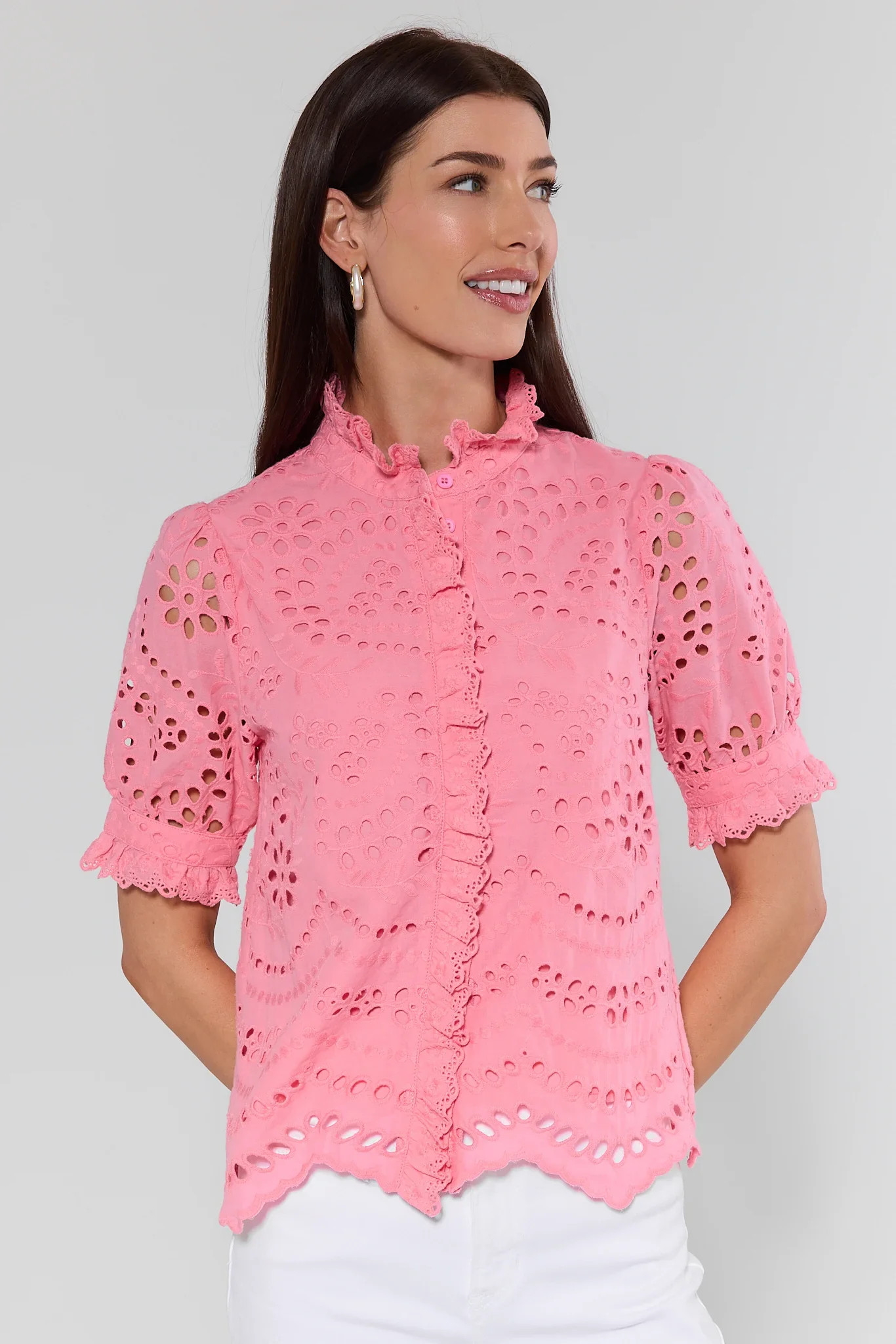 Janey Pink Eyelet Button Up Top | Avara