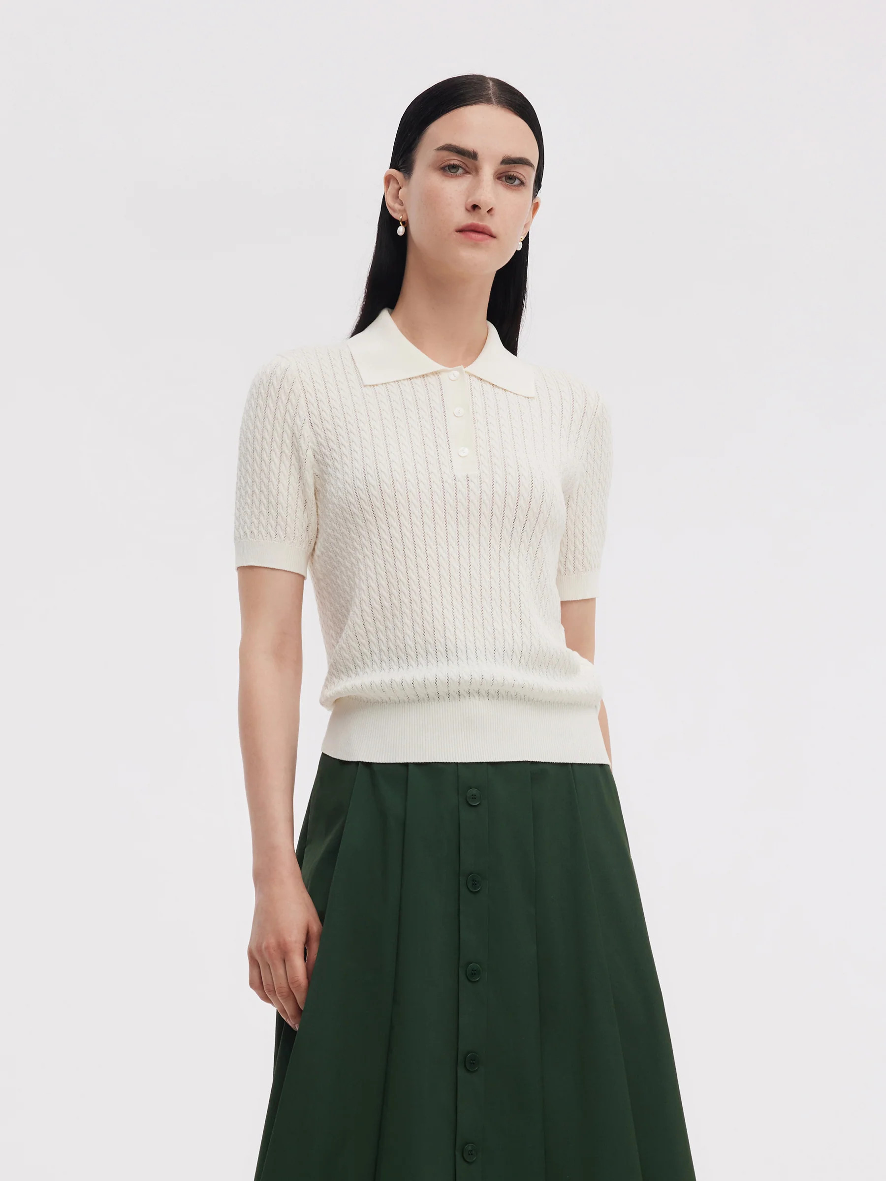 Tencel Blend Openwork Women Knit Polo Top - Off White / XXS | GOELIA