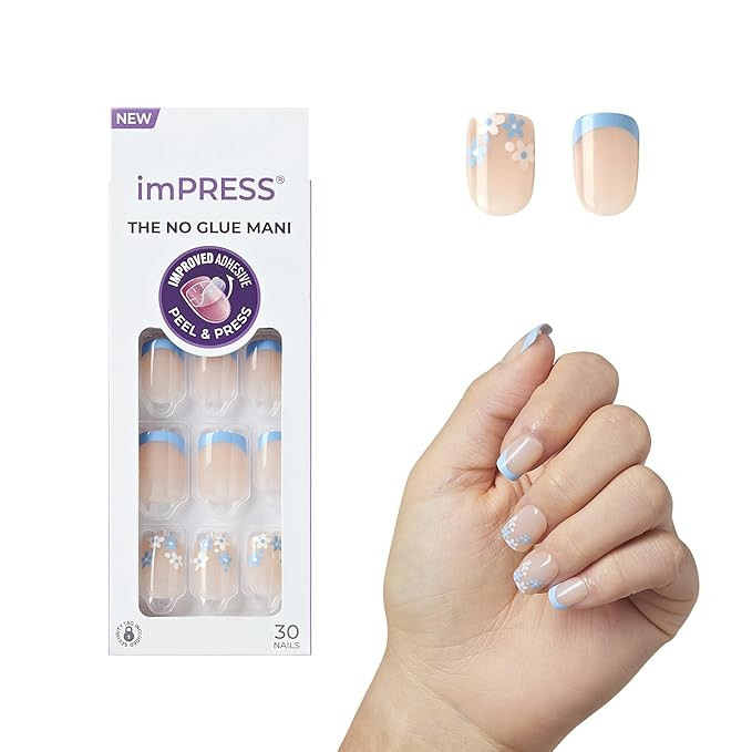 KISS imPRESS No Glue Mani Press On Nails, French, 'Snooze', Light Neutral + Blue Tip French, Shor... | Amazon (US)