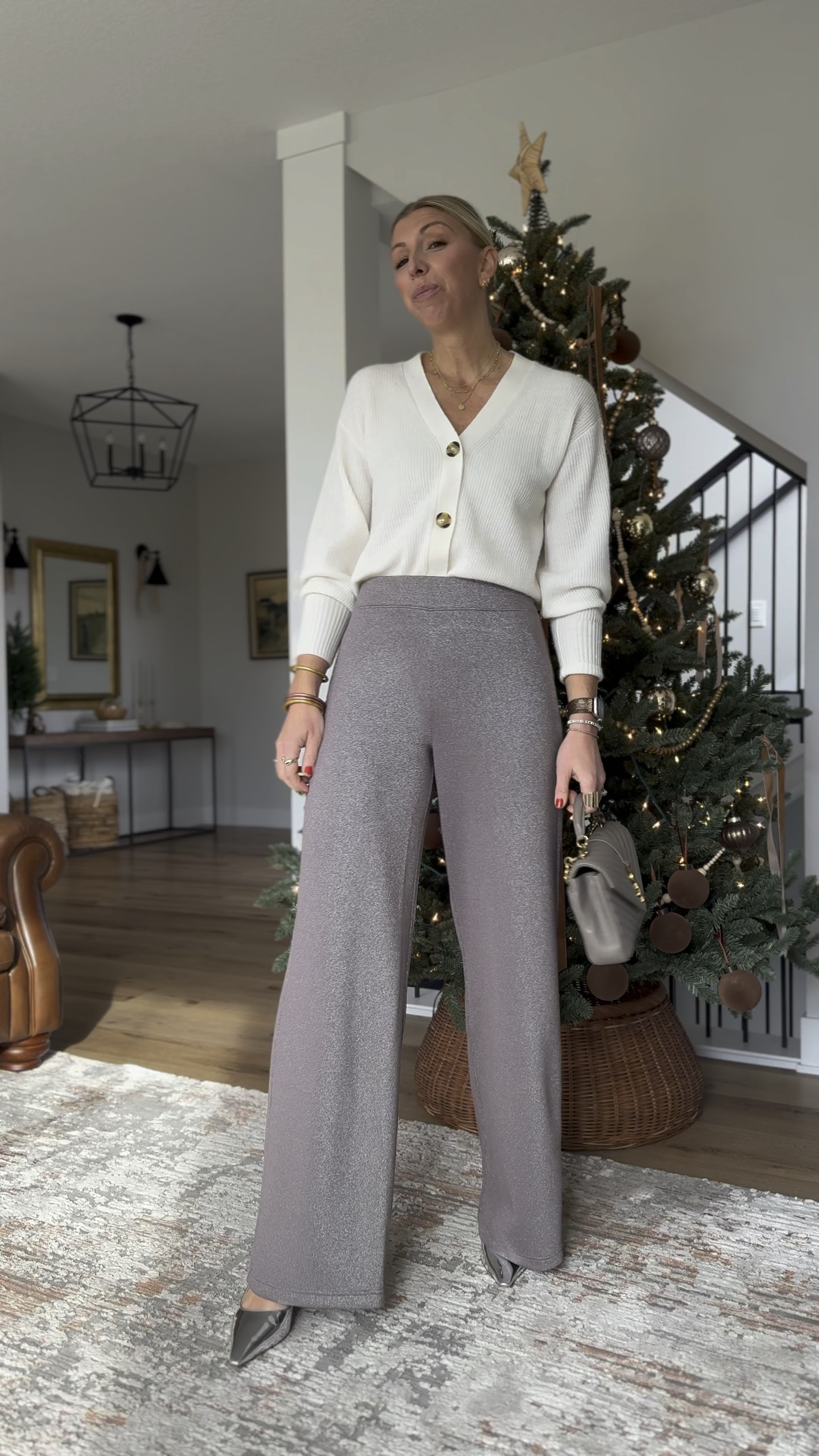 Holiday outfit ideas: wide leg shimmer pants, cozy cardigan, metallic heels. Look chic in what feels like sweats 👏🏻

#LTKWatchNow #LTKGiftGuide #LTKCyberWeek