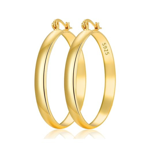 Apsvo 14K Gold Plated Hoop Earrings for Women,5mm Wide Large Hoop Earring Sterling Silver Post Chunky Gold Hoops for Women 30/40/50/60//70MM | Amazon (US)