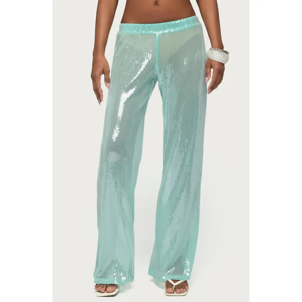 EDIKTED Avalee Sequin Low Rise Wide Leg Pants in Aqua at Nordstrom, Size X-Large | Nordstrom
