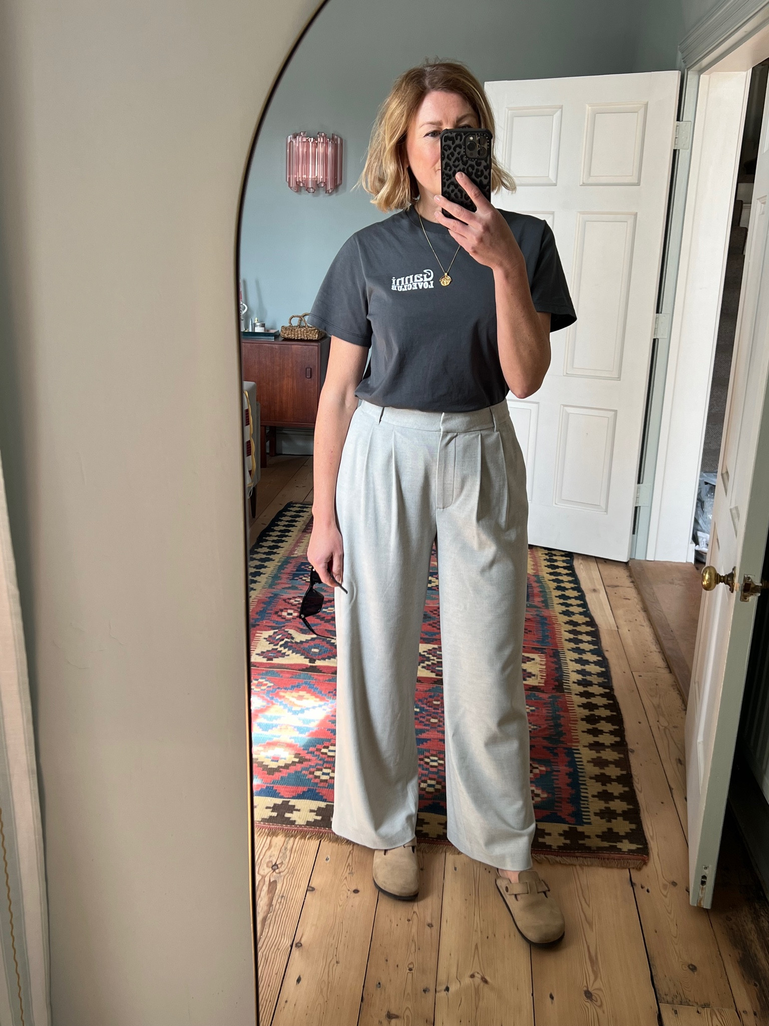 Grey tshirt, graphic tee, formal grey trousers, straight trousers, birkenstock

#LTKeurope #LTKstyletip #LTKSeasonal