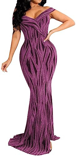 Sexy Purple Evening Prom Gown Maxi Dresses for Women Off Shoulder High Split Sequin Sparkly Elegant Long Party Dress | Amazon (US)