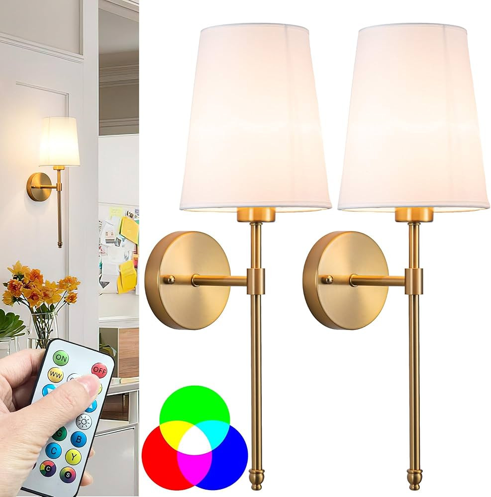 Battery Operated Wall Sconce Light with Remote Control, Dimmable Set of 2 White Fabric Shade, Ind... | Amazon (US)