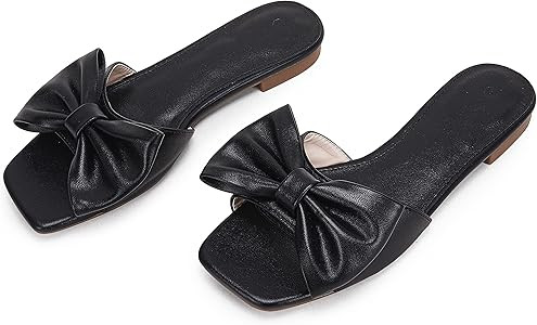 Womens Slip On Slide Sandals Bow-Knot Open Square Toe Flat Slippers Soft Casual Summer Dress Shoe... | Amazon (US)