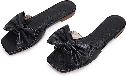Womens Slip On Slide Sandals Bow-Knot Open Square Toe Flat Slippers Soft Casual Summer Dress Shoe... | Amazon (US)
