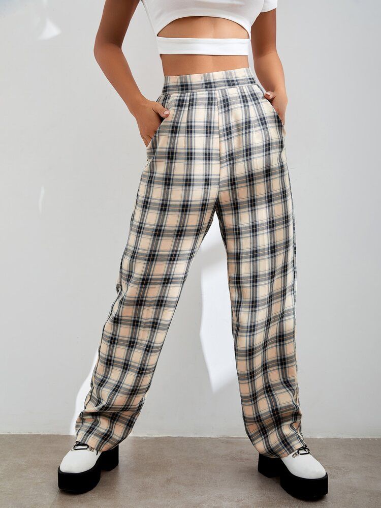 Tartan Print Slant Pocket Pants | SHEIN