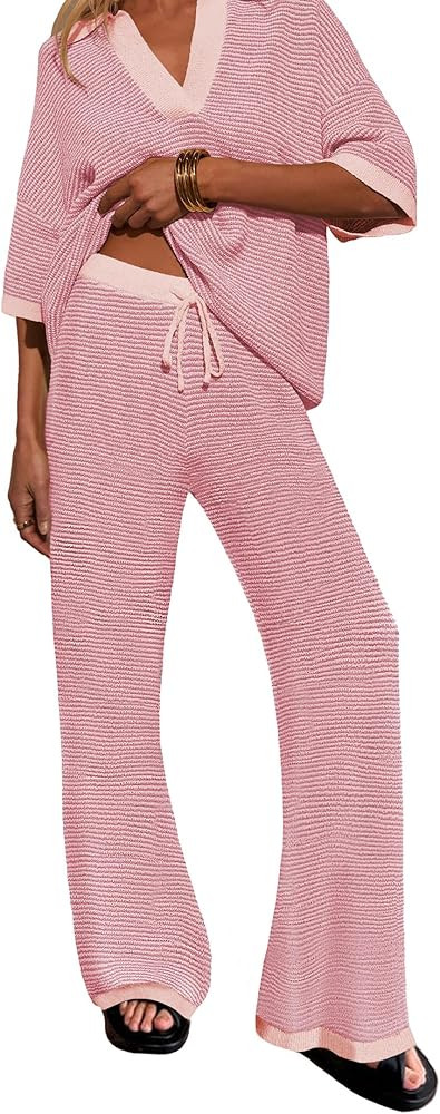 Womens 2 Piece Outfits Set Oversized 3/4 Sleeve V Neck Knit Tops Drawstring High Waisted Pants Lo... | Amazon (US)