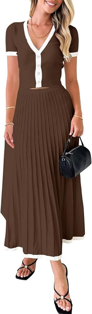 Imily Bela Womens 2 Piece Sweater Outfits Sets Short Sleeve V Neck Crop Top Knit Midi Long Pleate... | Amazon (US)