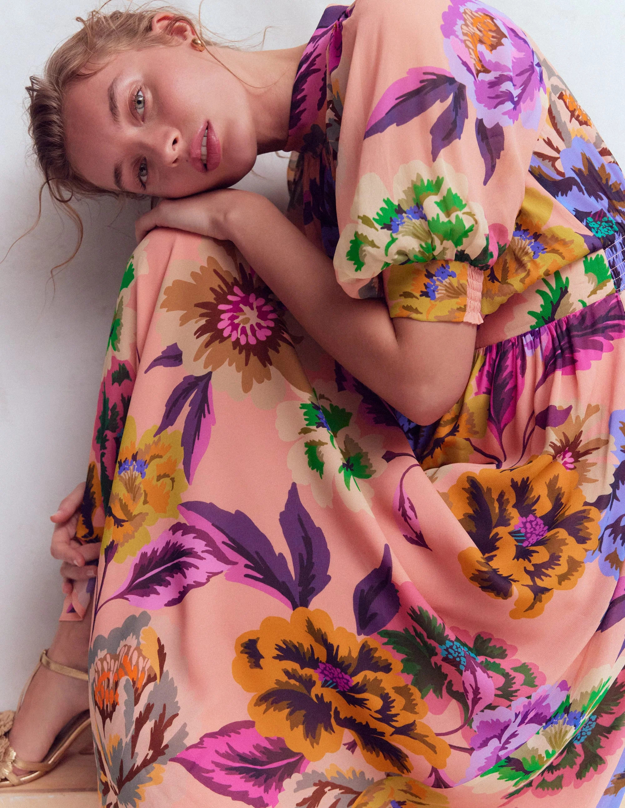 High Neck Blouson Sleeve Dress-Multi Opulent Blossom | Boden (US)