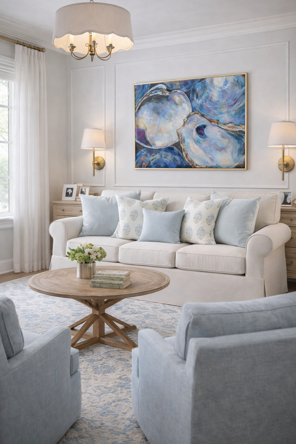 living room decor, neutral living room, coastal living room, coastal grandma aesthetic, blue and white decor, oyster artwork, traditional living room, southern style home, preppy home decor, gold accents, brass sconces, paneled walls, classic wall molding, light wood furniture, round wood coffee table, blue accent chairs, neutral sofa, throw pillow styling, coffee table styling, home inspo, cozy living room, elegant home, feminine home decor, chic living room, pottery barn style, target home finds, amazon home finds, LTK home, apartment living room, college apartment decor, sorority house decor, university of alabama style, bama apartment, southern home aesthetic, aesthetic living room, classic coastal, layered neutrals, warm minimalism, home styling ideas 

 

#LTKU #LTKHome #LTKSaleAlert