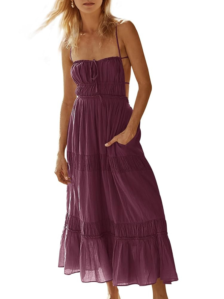Wenrine Womens Summer Beach Dresses Backless Spaghetti Straps Self Tie Tiered Flowy Casual Maxi D... | Amazon (US)