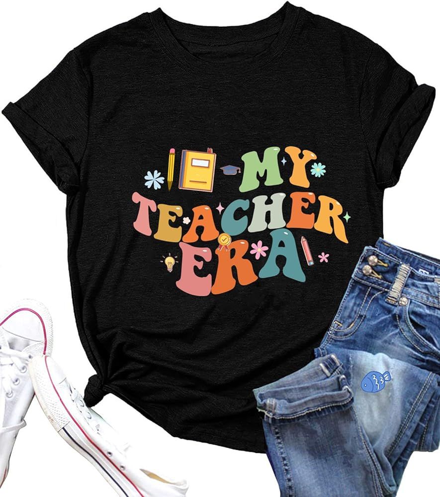 Teacher T-Shirt Tank for Women Funny Letter Print Colorful Leopard Pattern Teacher Life Shirt Gra... | Amazon (US)