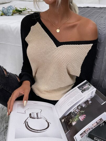 Color Block Double V Neck Sweatshirt | SHEIN