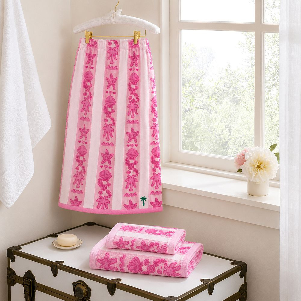 Pink Palm Puff Bath Wrap & Towels Set