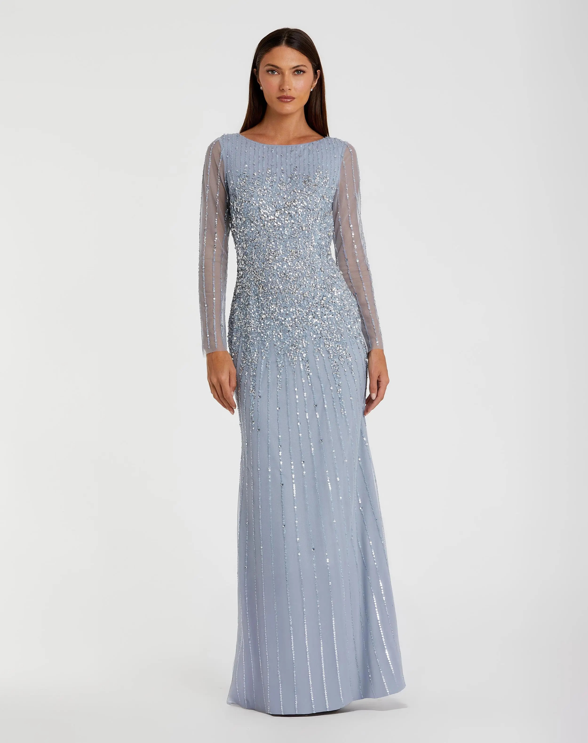 Blue Boat Neck Sequin Embellished Long Sleeve A Line Gown | Mac Duggal