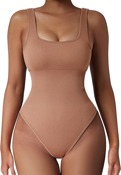 SUUKSESS Women Ribbed Sexy Bodysuit Sleeveless Square Neck Padded Tank Top | Amazon (US)