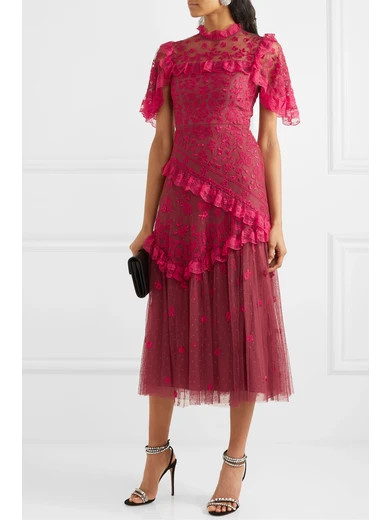 Elsa Ballerina ruffled lace-trimmed embroidered tulle midi dress | NET-A-PORTER (UK & EU)