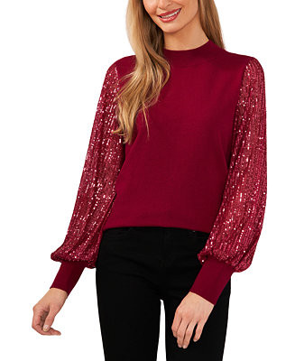 CeCe Women's Sheer-Sequin-Sleeve Mock-Neck Cotton Sweater - Macy's | Macy's