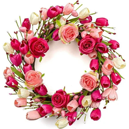 Valentine's Day Wreath 19 Inches Spring Wreaths for Front Door Valentines Door Wreath Valentines Floral Wreaths with Rose Tulips Flowers for Wall Window Decor | Walmart (US)